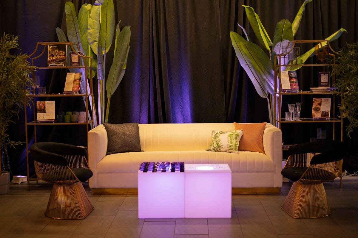 Mitzvah Lounge Area with White Titan Sofa and LED Acrylic Cubes
